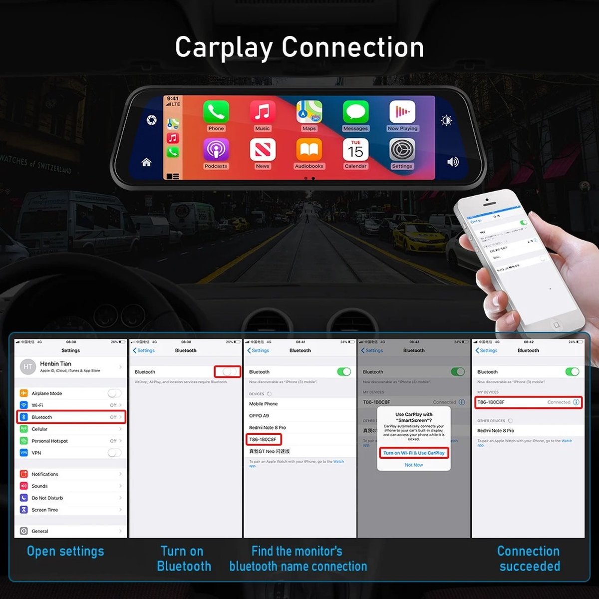 Nique Dashcam voor auto - 4K Carplay - Android Auto - Voor- en achtercamera - Navigatie - Spiegel - Zwart