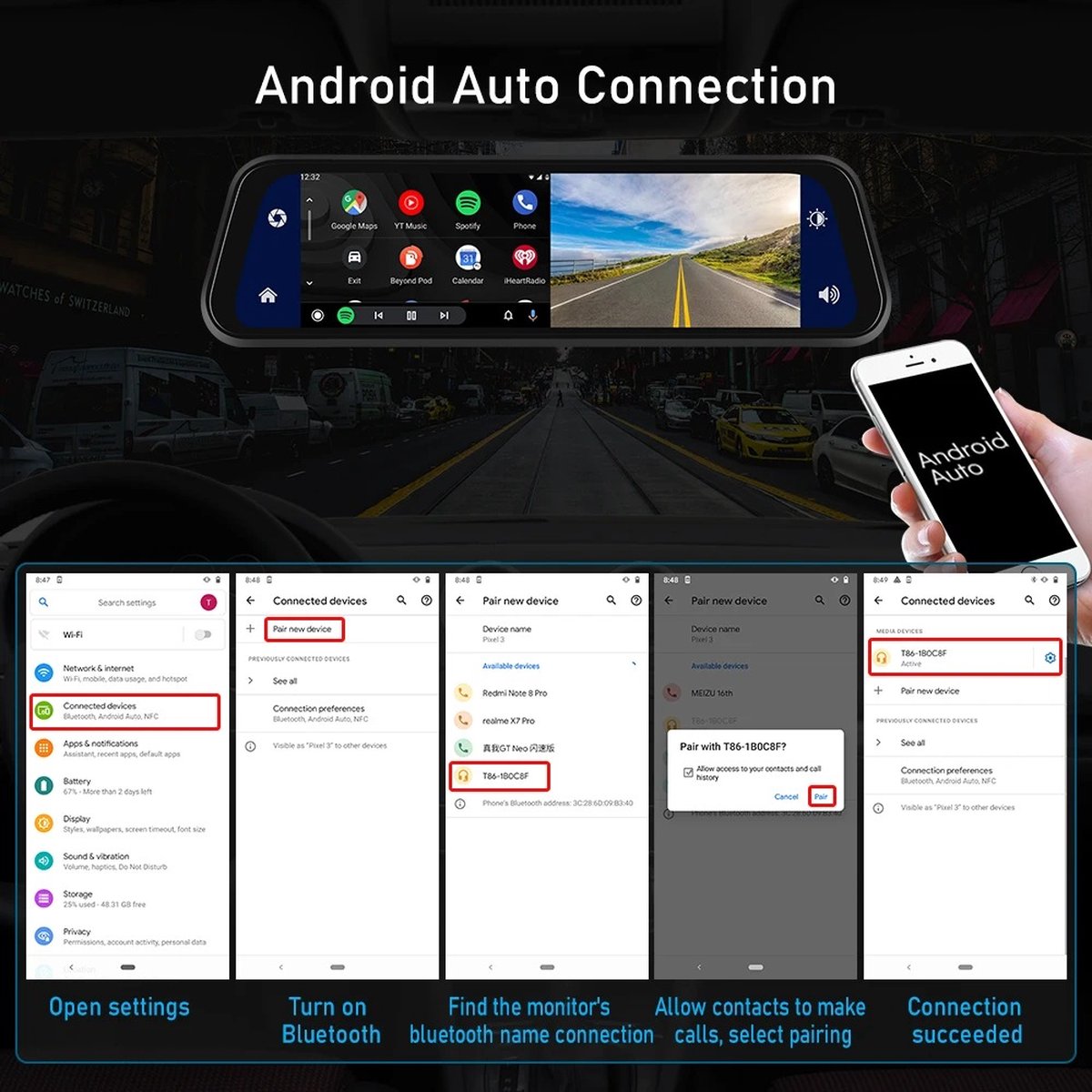 Nique Dashcam voor auto - 4K Carplay - Android Auto - Voor- en achtercamera - Navigatie - Spiegel - Zwart