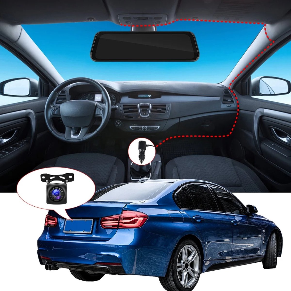 Nique Dashcam voor auto - 4K Carplay - Android Auto - Voor- en achtercamera - Navigatie - Spiegel - Zwart