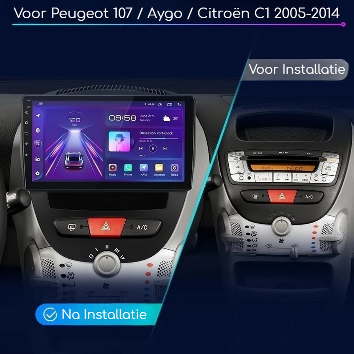 Autoradio - Android Carplay - Bluetooth Radio - Peugeot 107 - Toyota Aygo - Citroën C1