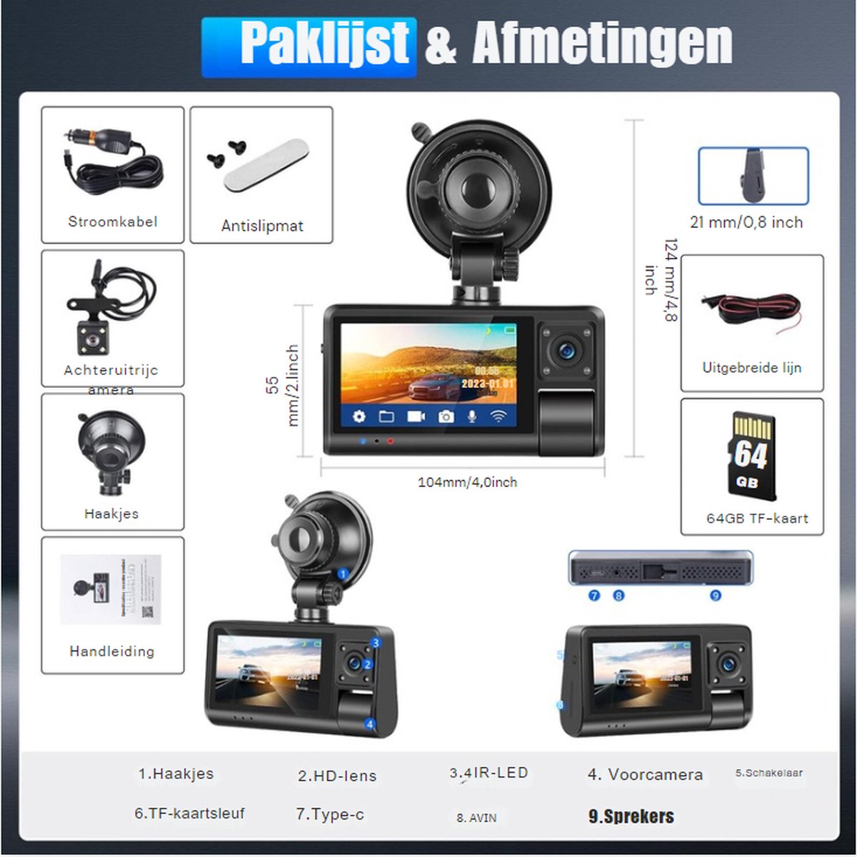 Dashcam - Beveiliging - Universele Pasvorm - Met Achteruitrijcamera - Monitor - Autocamera