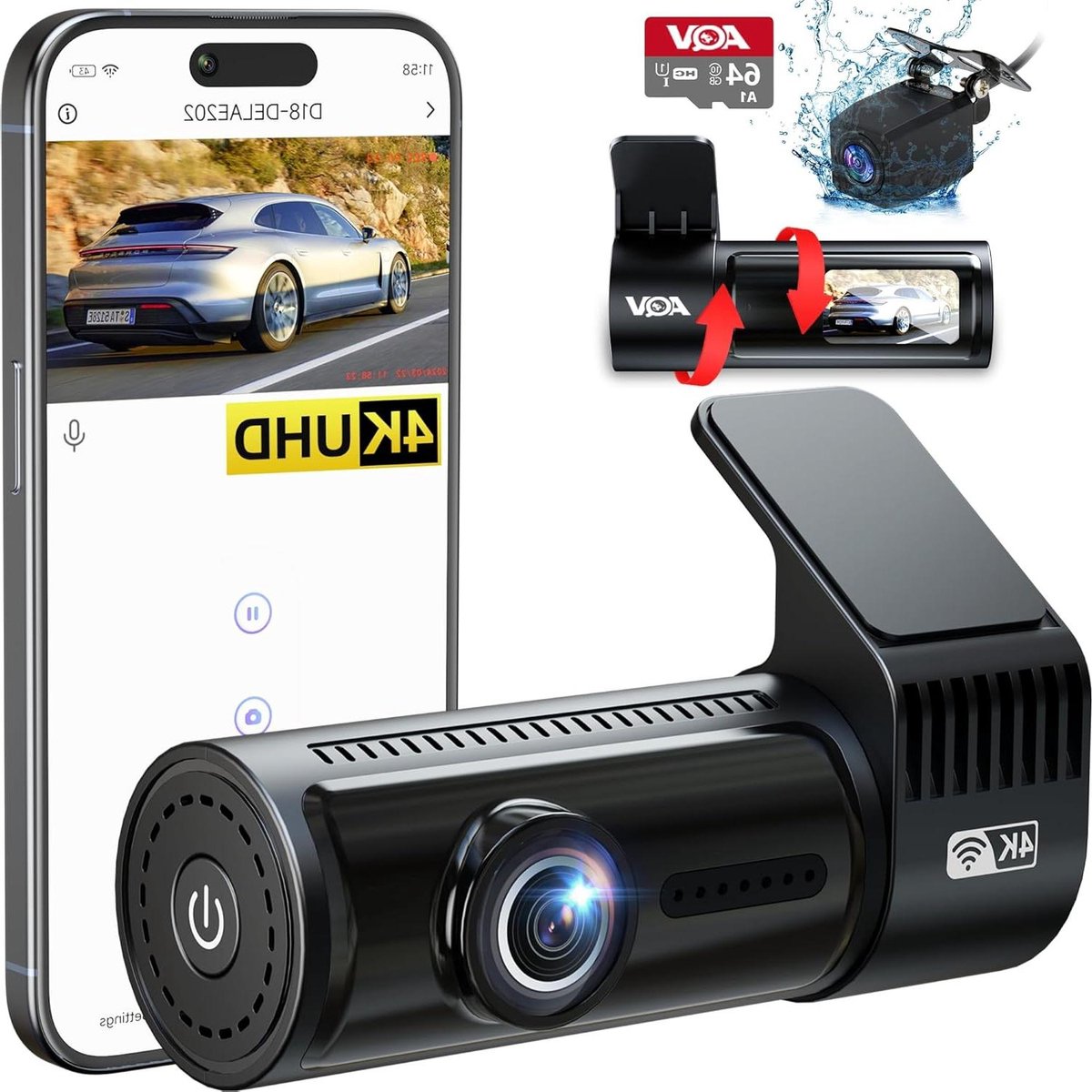 4K wifi dashcam voor achter in de auto + 64 GB SD-kaart - lusopname G-sensor - app-bediening - super nachtzicht - 170 graden + 140 graden groothoek - parkeerbewaking - veiligere rijervaring Dashcam voor de auto