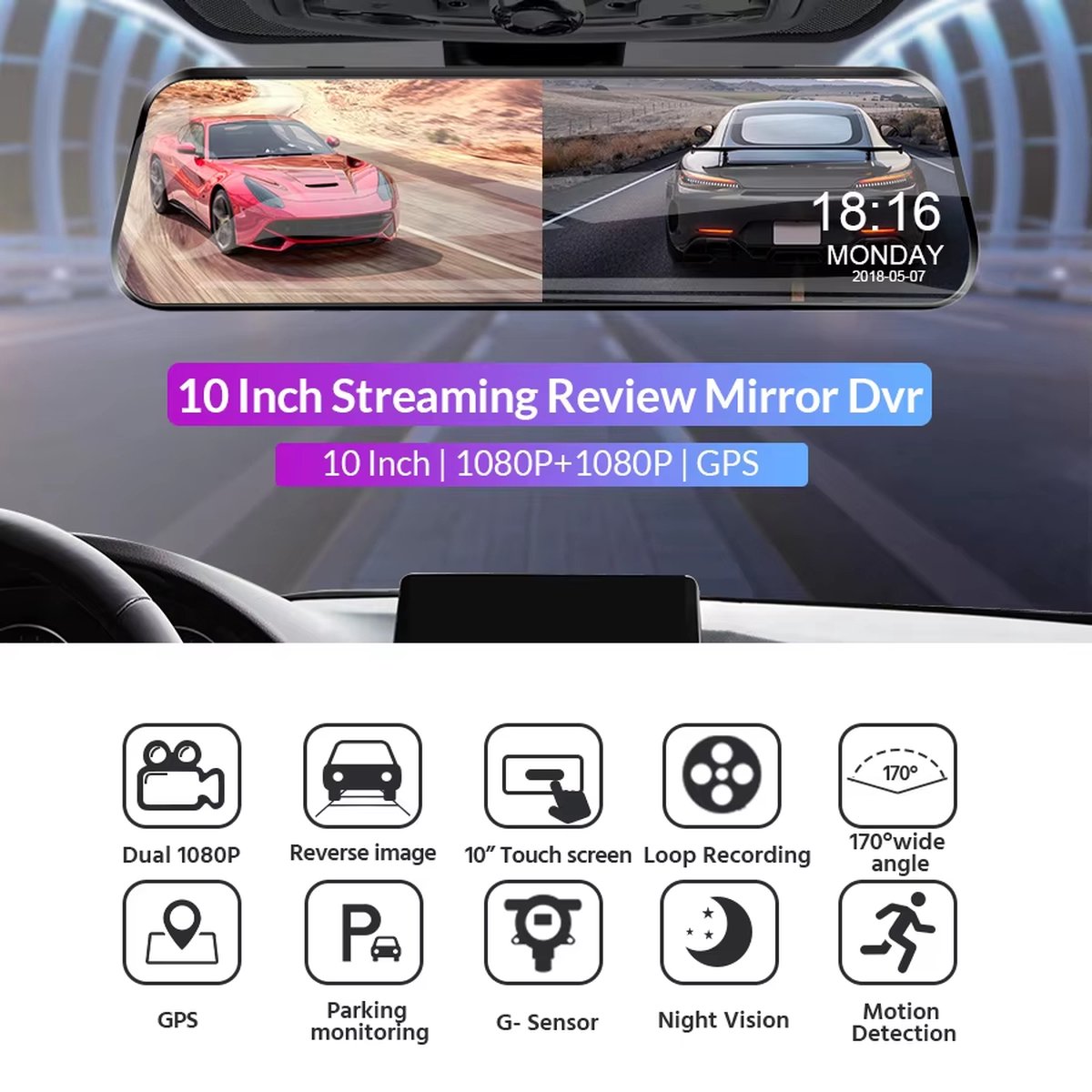 Dashcam met achteruitrijcamera - 4K - 10 inch - IPS-touchscreen - Spiegelcamera voor auto - Touchscreen - Videorecorder - Achteruitkijkspiegel - Dashcam - Voor- en achtercamera - Spiegel - Bewegingsdetectie en parkeerstand