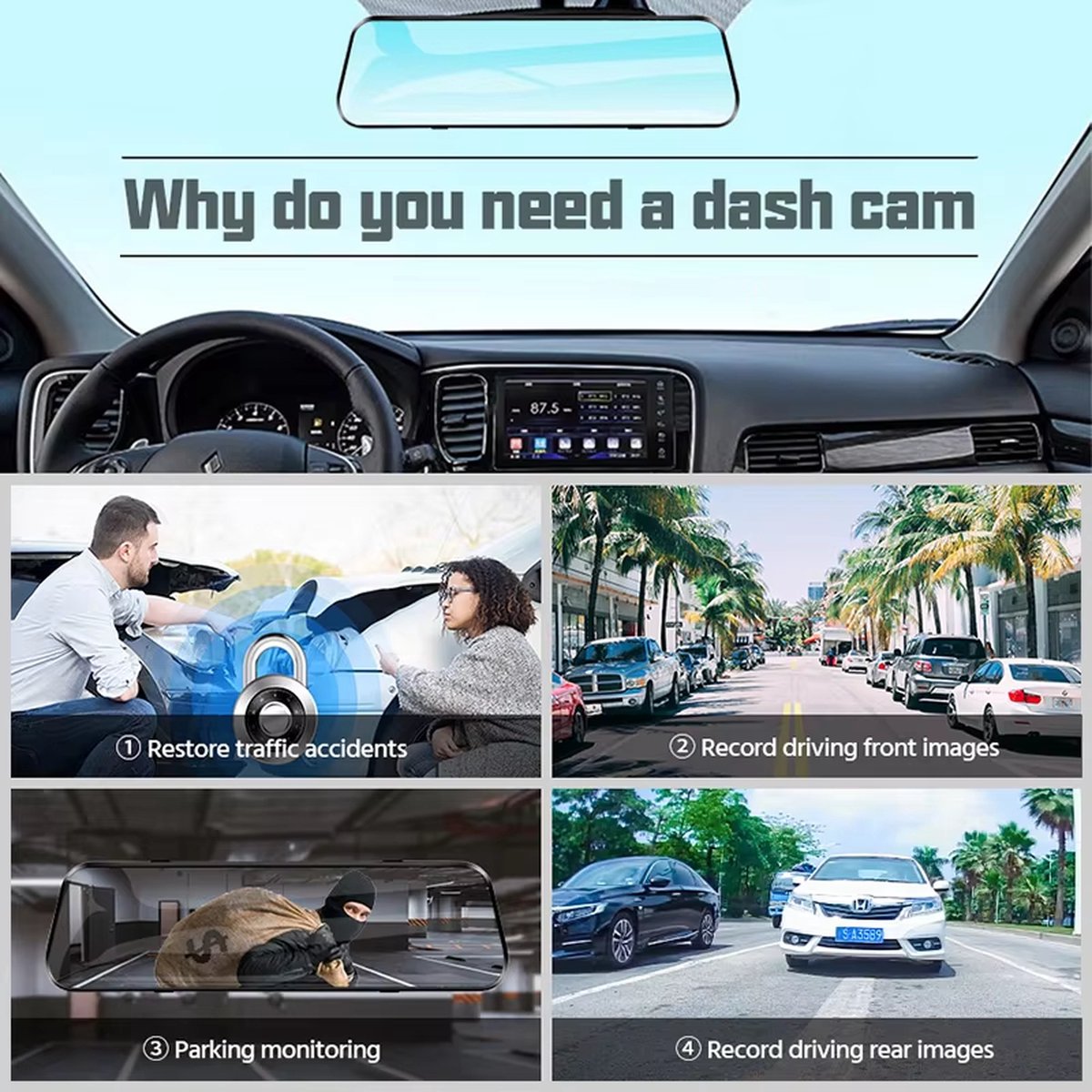 Dashcam met achteruitrijcamera - 4K - 10 inch - IPS-touchscreen - Spiegelcamera voor auto - Touchscreen - Videorecorder - Achteruitkijkspiegel - Dashcam - Voor- en achtercamera - Spiegel - Bewegingsdetectie en parkeerstand