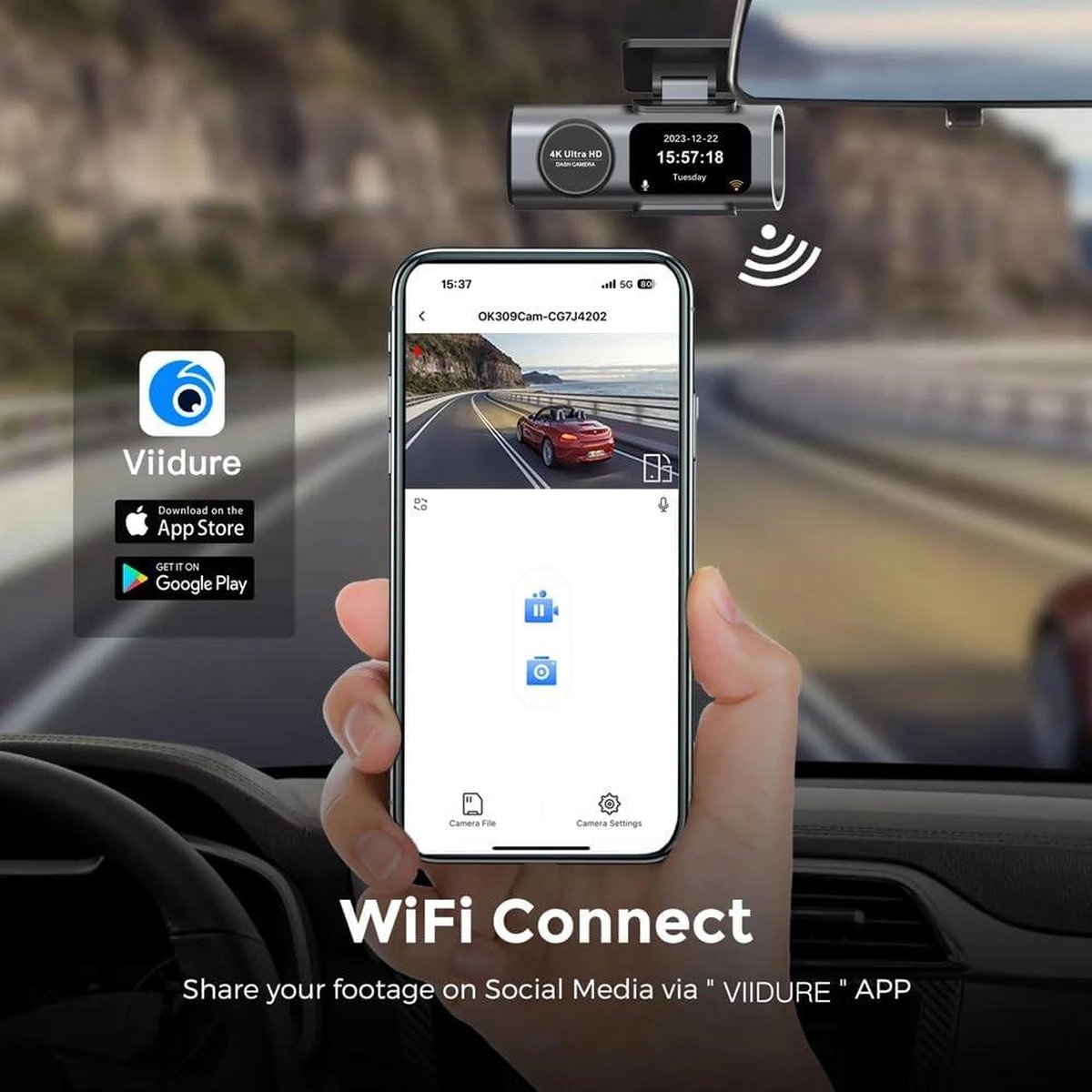 Dashcam Auto Mini Dash Camera Video Recorder Wi-Fi APP GPS Tracker IPS Scherm Nachtzicht G-Sensor 170 Groothoek WDR 24 uur Parkeermonitorkit 64GB - 4K Voor Beveiliging Parkeren Dashcam voor auto