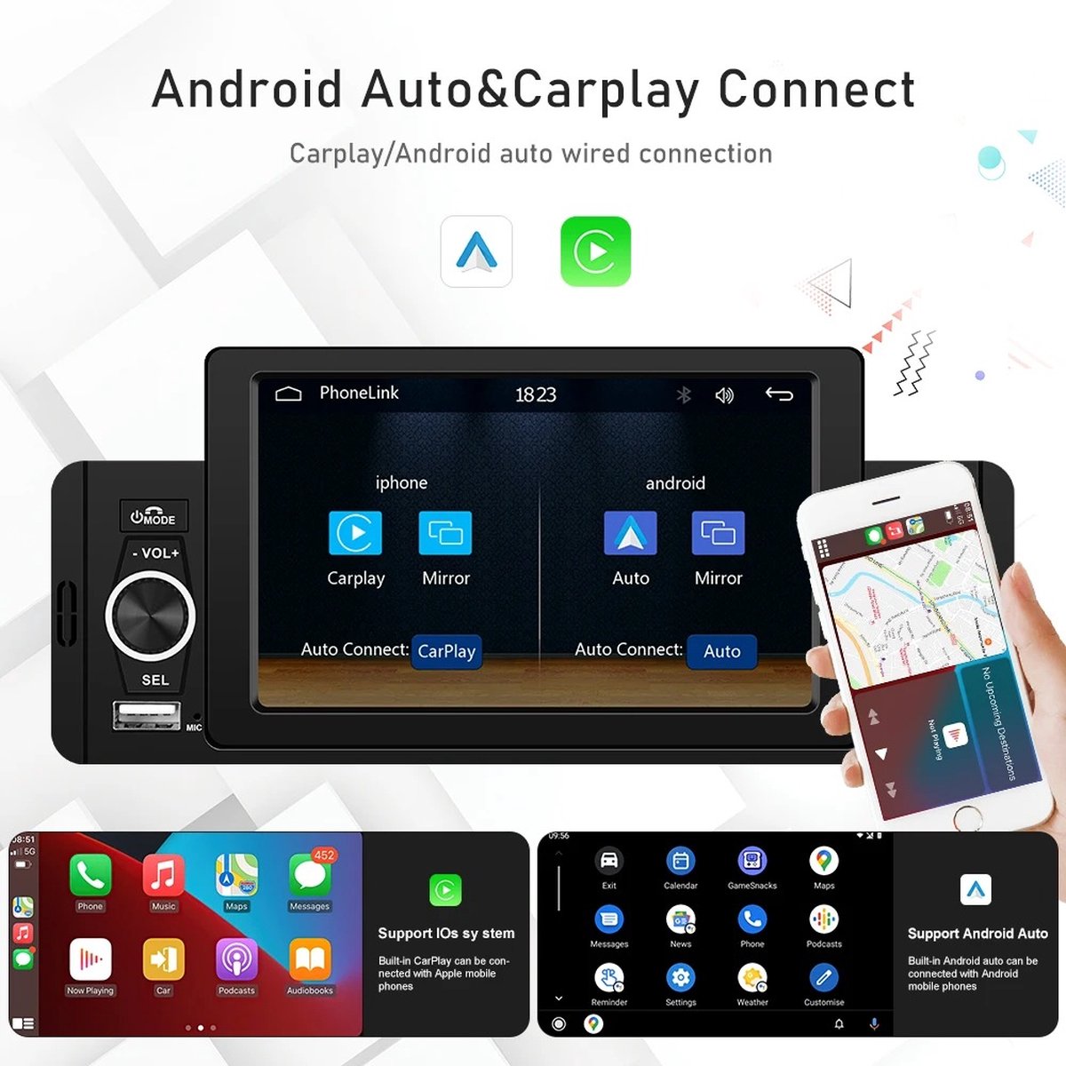 Autoradio - 1 DIN - Apple Carplay - Android Auto - Bluetooth - USB - Camera - 5"