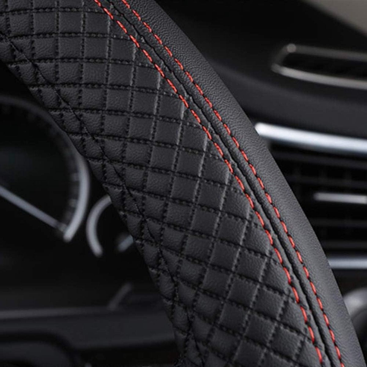 Car Steering Wheel Cover Heavy Duty Leather 38cm - Non-Slip Universal Steering Wheel Cover - Black & Red - Car Rubbish Bin Steering Wheel Cover