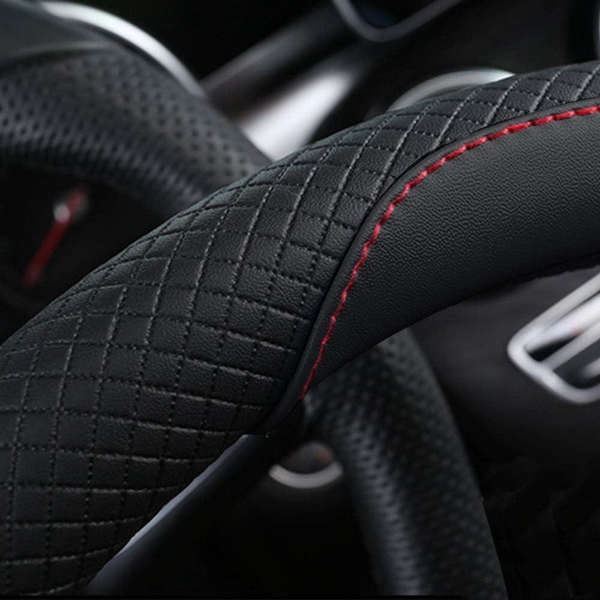 Car Steering Wheel Cover Heavy Duty Leather 38cm - Non-Slip Universal Steering Wheel Cover - Black & Red - Car Rubbish Bin Steering Wheel Cover