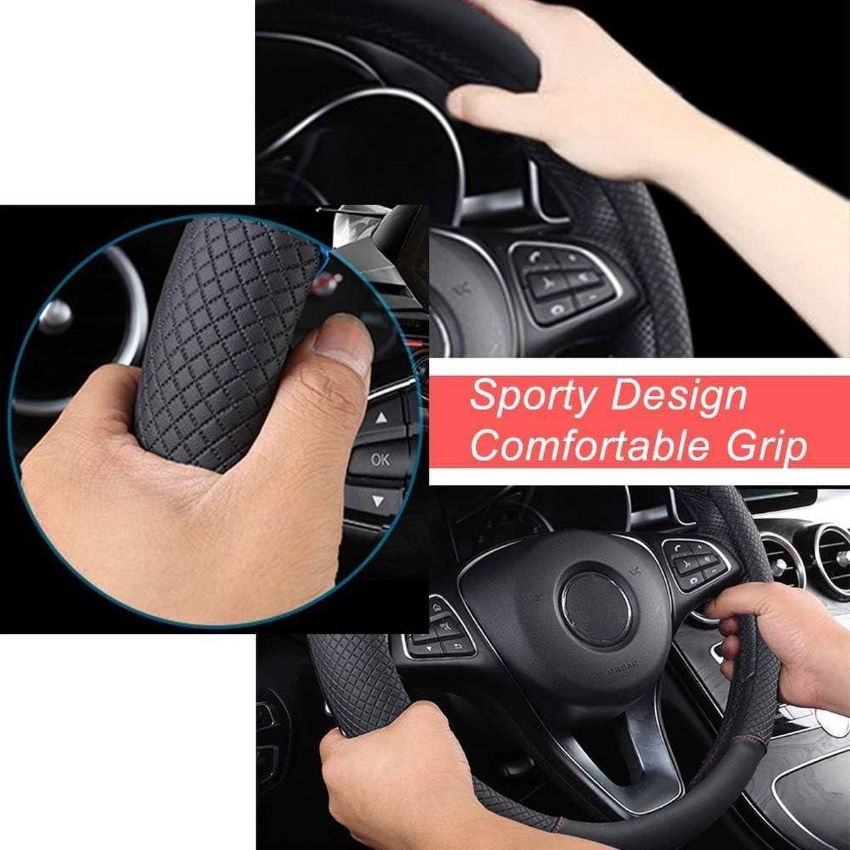 Car Steering Wheel Cover Heavy Duty Leather 38cm - Non-Slip Universal Steering Wheel Cover - Black & Red - Car Rubbish Bin Steering Wheel Cover