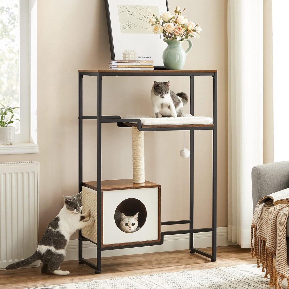 Krabpaal - Krabpaal voor katten - Kattenkrabpaal - Krabpalen - Kattenpaal - Kattenmeubel - 12.8 kg - MDF - Staal - Bruin - Zwart - 74 x 34 x 114 cm