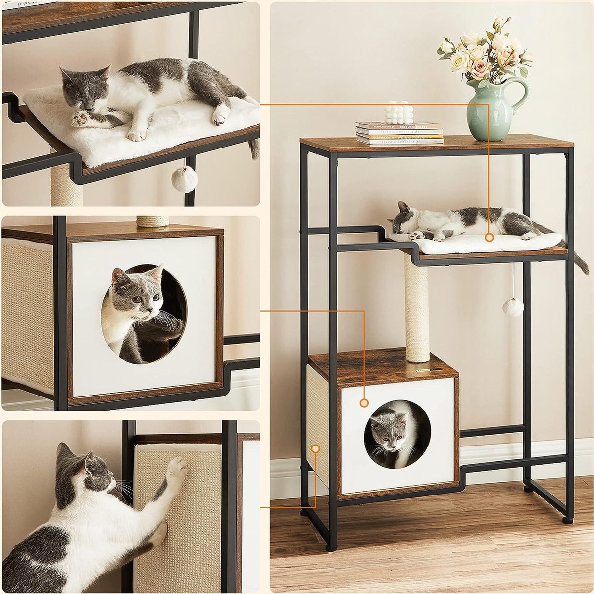 Krabpaal - Krabpaal voor katten - Kattenkrabpaal - Krabpalen - Kattenpaal - Kattenmeubel - 12.8 kg - MDF - Staal - Bruin - Zwart - 74 x 34 x 114 cm