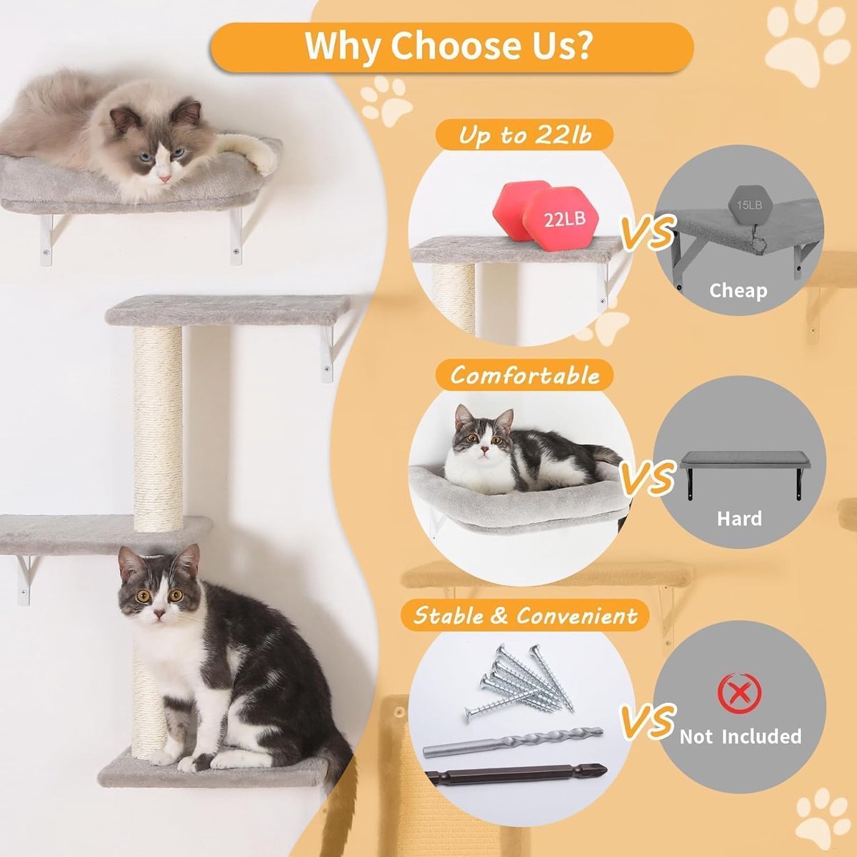 Kattenset - 6-delige kattenwandplanken, stabiele houten klimmer voor katten, wandpark met kattenhuis, kattenbrug, kattenboom, kattentrap en krabplank voor katten tot 10 kg