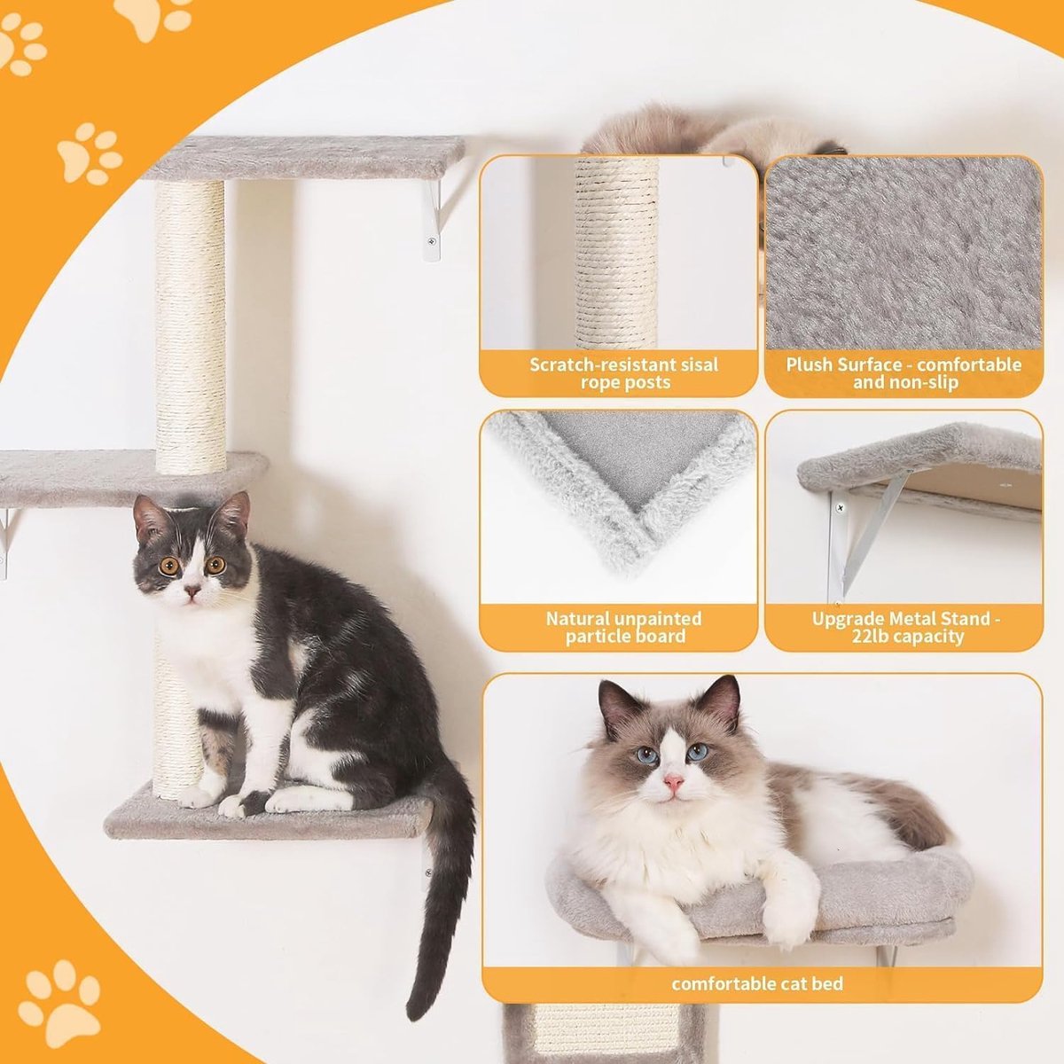 Kattenset - 6-delige kattenwandplanken, stabiele houten klimmer voor katten, wandpark met kattenhuis, kattenbrug, kattenboom, kattentrap en krabplank voor katten tot 10 kg