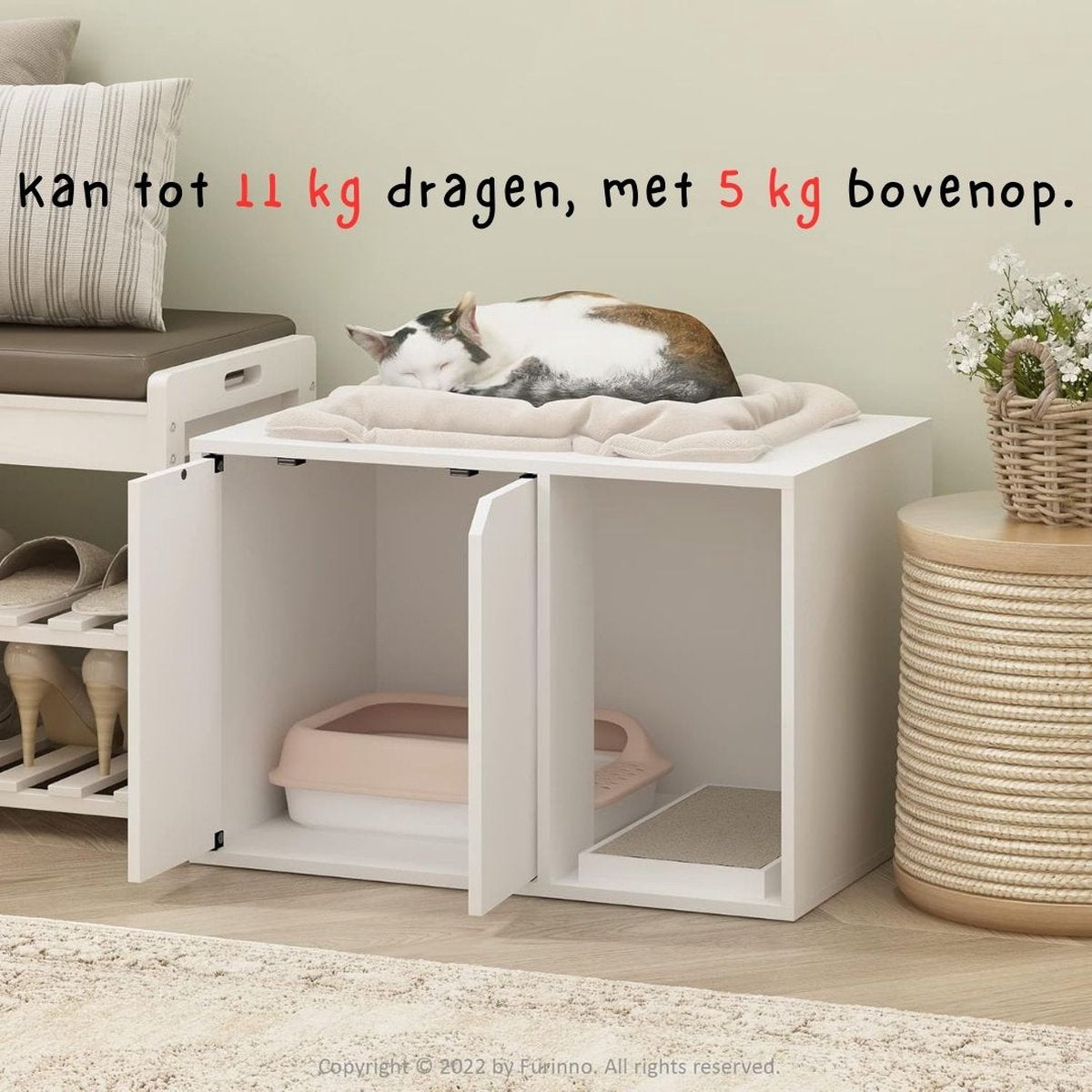 Kattenbak Kast - Kattenhuis - Kattenmand - Halmeubel â€“ Dierenhuis - Nachtkastje - Kattenkast - Dressoir â€“ Kattenhok - Bijzetkastje - Krabpaal - Katten Mand - 60 x 39,6 x 40 cm - Wit