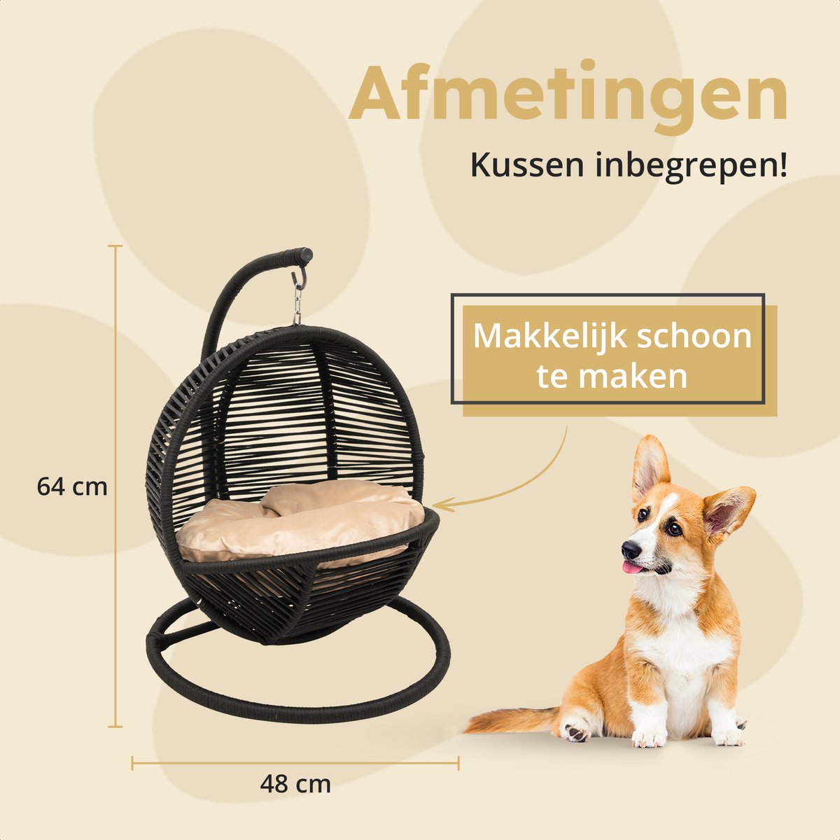 Bella Home Simba - Minizweefstoel - Kat - Hond - Zwart - Crème kussen