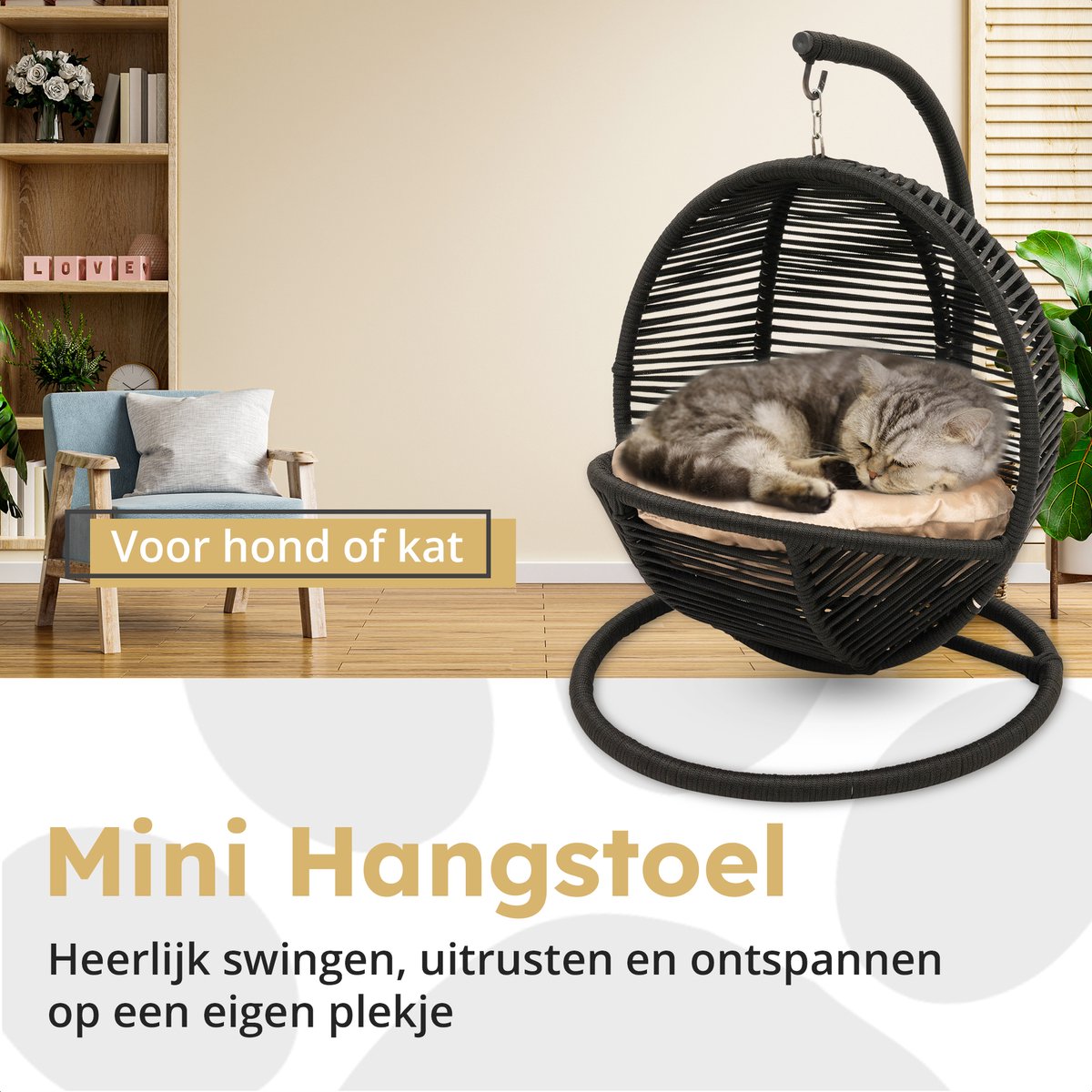 Bella Home Simba - Minizweefstoel - Kat - Hond - Zwart - Crème kussen