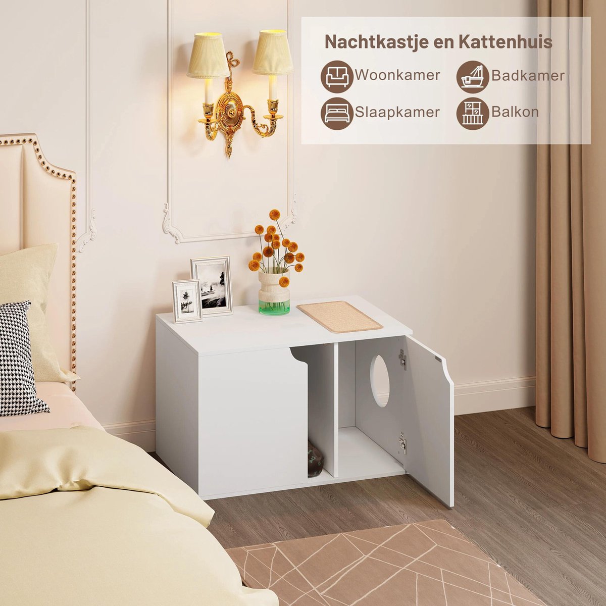 Regia Kattenbak Ombouw - Kattenhuis Kast met Krabmat - Kattenmeubel Verstelbaar - Hout 80x51x53 cm