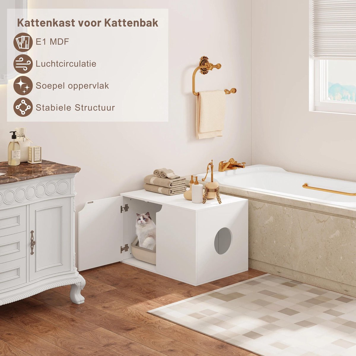 Regia Kattenbak Ombouw - Kattenhuis Kast met Krabmat - Kattenmeubel Verstelbaar - Hout 80x51x53 cm