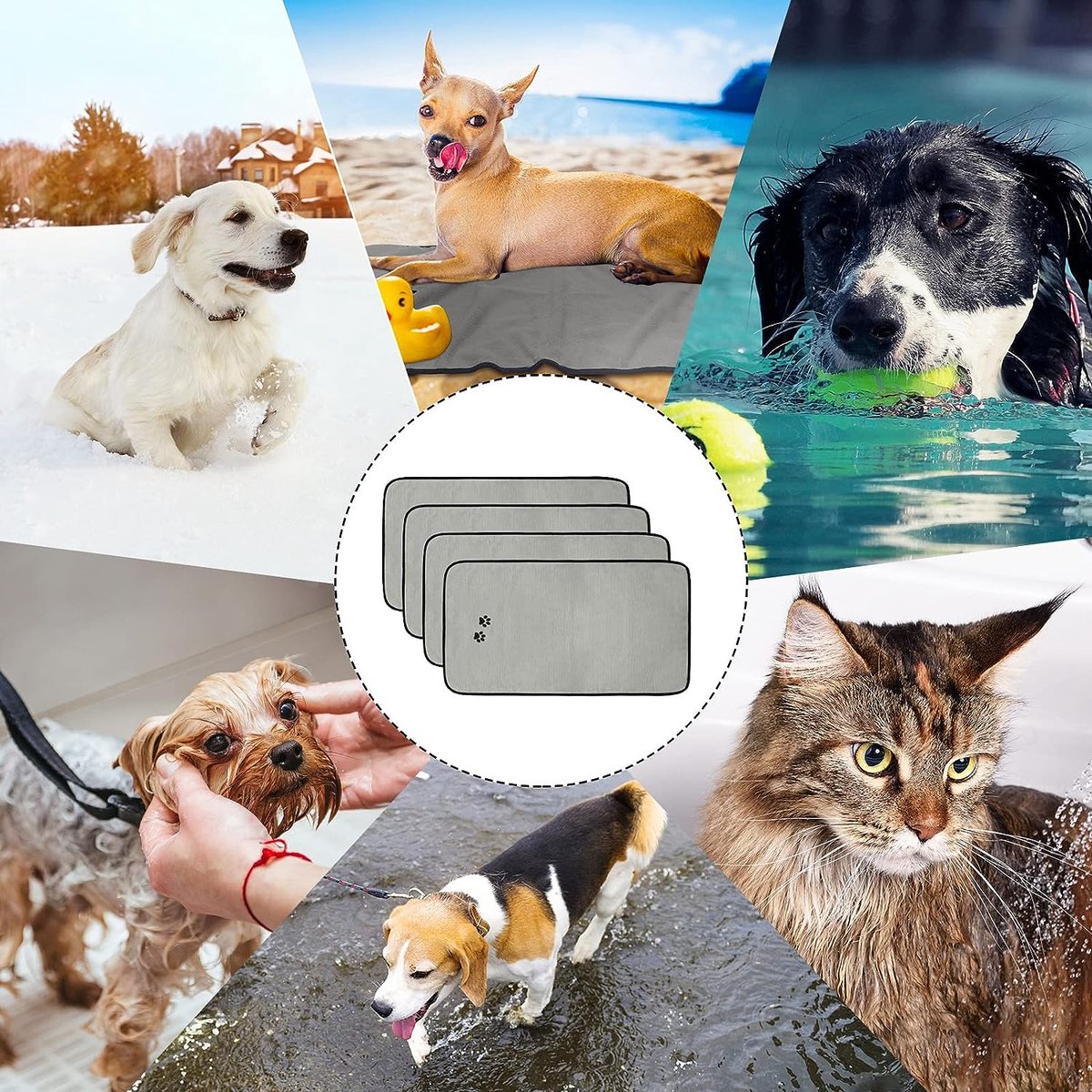 Set van 4 hondenhanddoeken, microvezel handdoeken, zacht, absorberend, voor huisdieren, badhanddoek voor honden, droogdoek voor vachtverzorging met geborduurde poten voor katten, baden, verzorging (grijs, 90 x 50 cm)