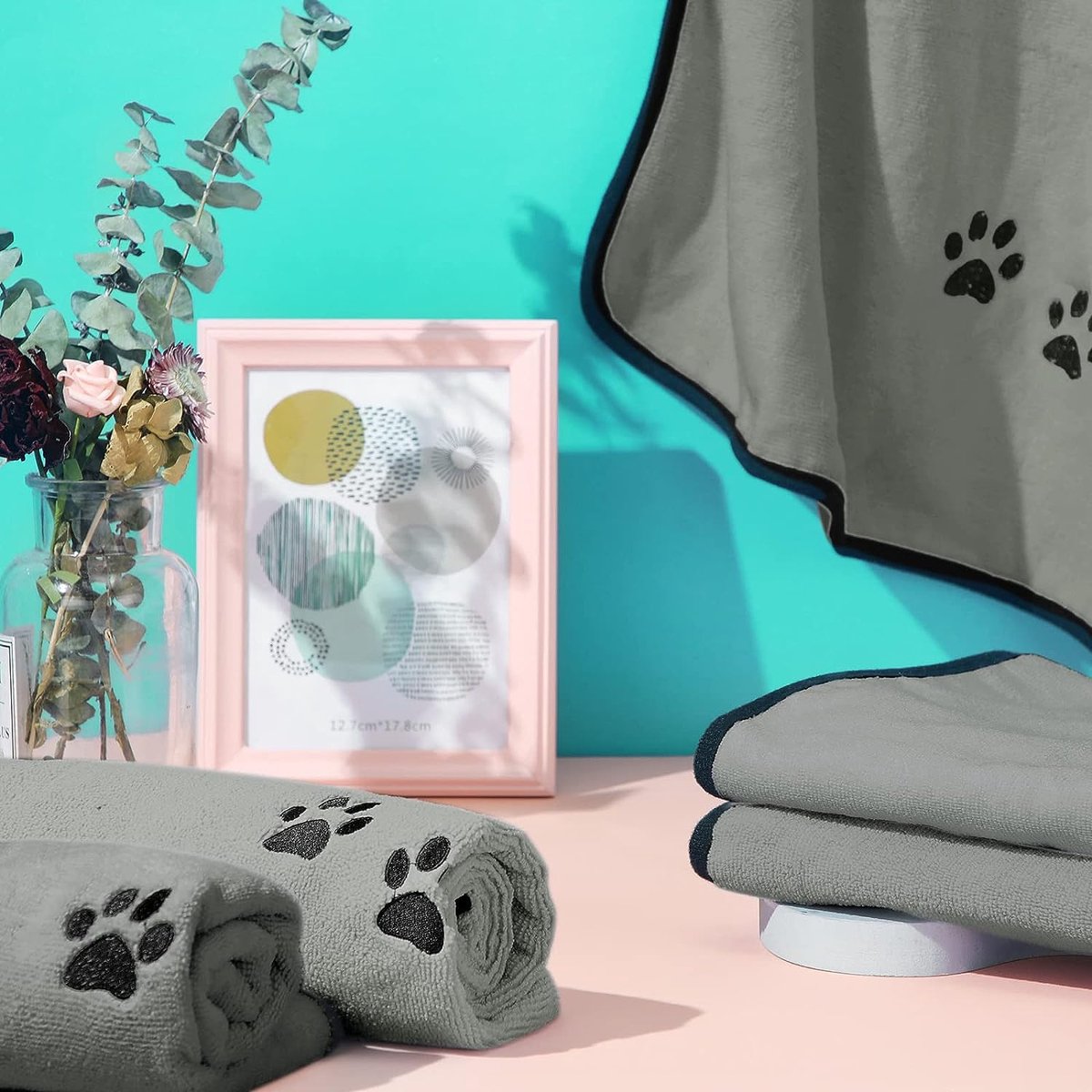 Set van 4 hondenhanddoeken, microvezel handdoeken, zacht, absorberend, voor huisdieren, badhanddoek voor honden, droogdoek voor vachtverzorging met geborduurde poten voor katten, baden, verzorging (grijs, 90 x 50 cm)