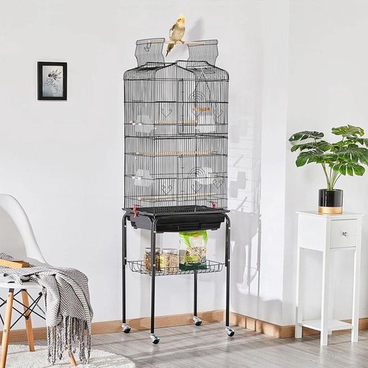 Luxury Parrot Cage - Parakeet Cage - Large Bird Cage - for Indoors - on Wheels - Including Toys - With Bird Bath - 46x36x160cm - Black - Steel