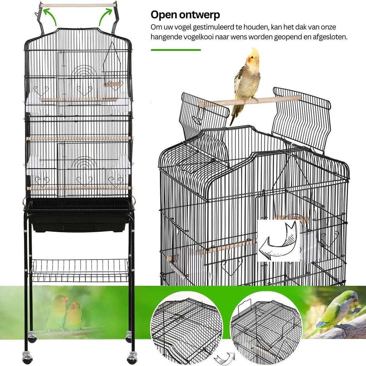 Luxury Parrot Cage - Parakeet Cage - Large Bird Cage - for Indoors - on Wheels - Including Toys - With Bird Bath - 46x36x160cm - Black - Steel