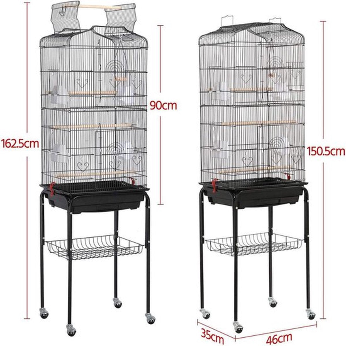 Luxury Parrot Cage - Parakeet Cage - Large Bird Cage - for Indoors - on Wheels - Including Toys - With Bird Bath - 46x36x160cm - Black - Steel