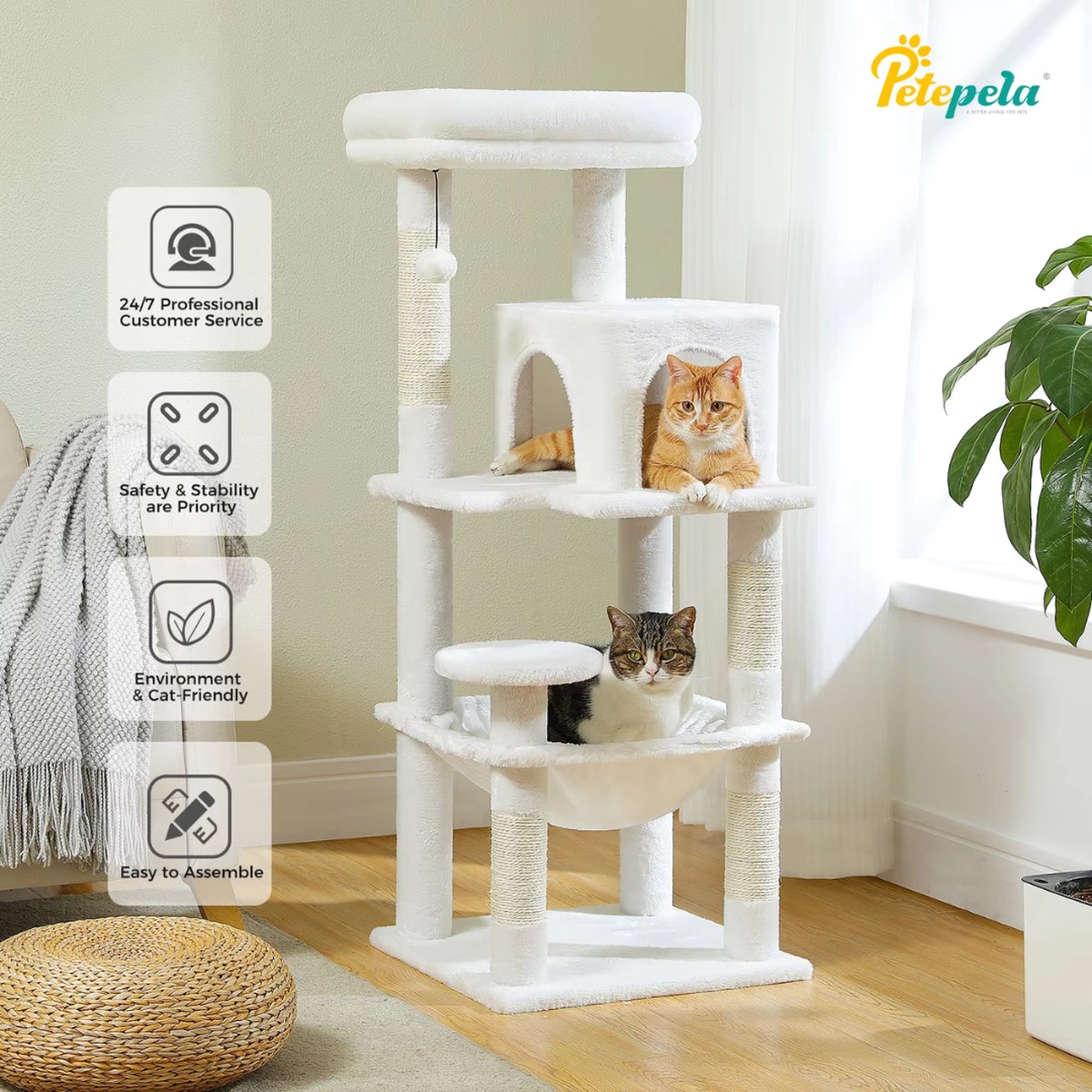 Luxe Kattenboom - Krabpaal voor Katten - Kattenhuis - Kattenmeubel - Kattentoren - Wit - 41x45x116cm