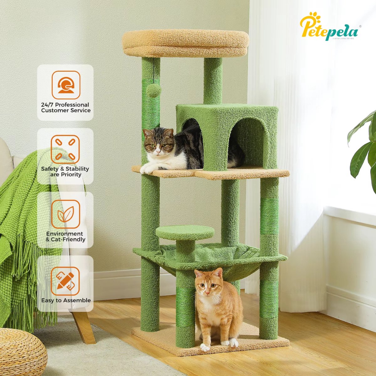 Luxury Cat Tree - Scratching Post for Cats - Cat House - Cat Furniture - Cat Tower - Green - 41x45x116cm