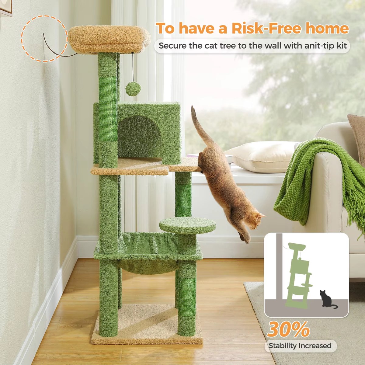 Luxury Cat Tree - Scratching Post for Cats - Cat House - Cat Furniture - Cat Tower - Green - 41x45x116cm