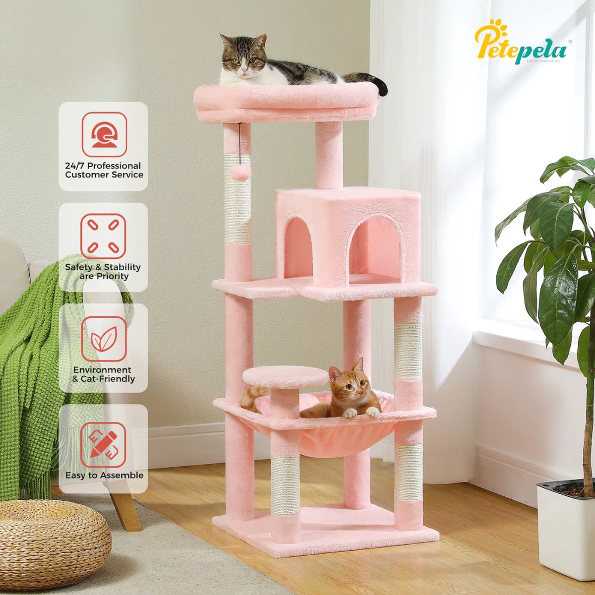 Luxe Kattenboom - Krabpaal voor Katten - Kattenhuis - Kattenmeubel - Kattentoren - Roze - 41x45x116cm