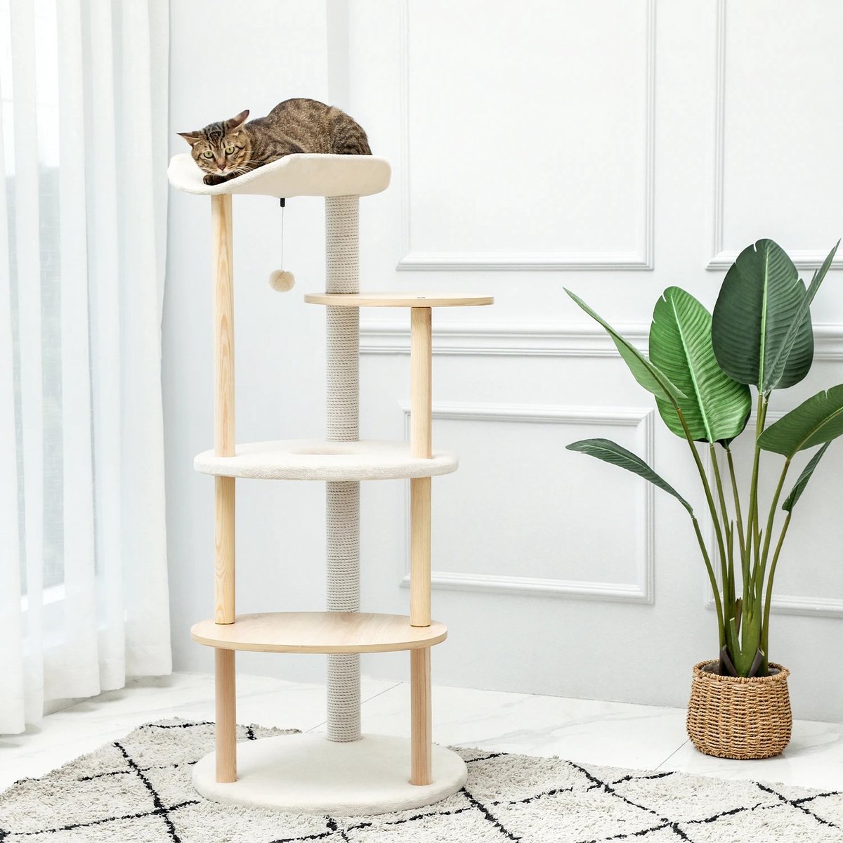 Luxueuze houten krabpaal 124,5 cm hoog - Krabpaal voor middelgrote en grote katten - Met natuurlijk sisaltouw - Met 4 ligplekken en holen - Comfortabel en stabiel - Hout