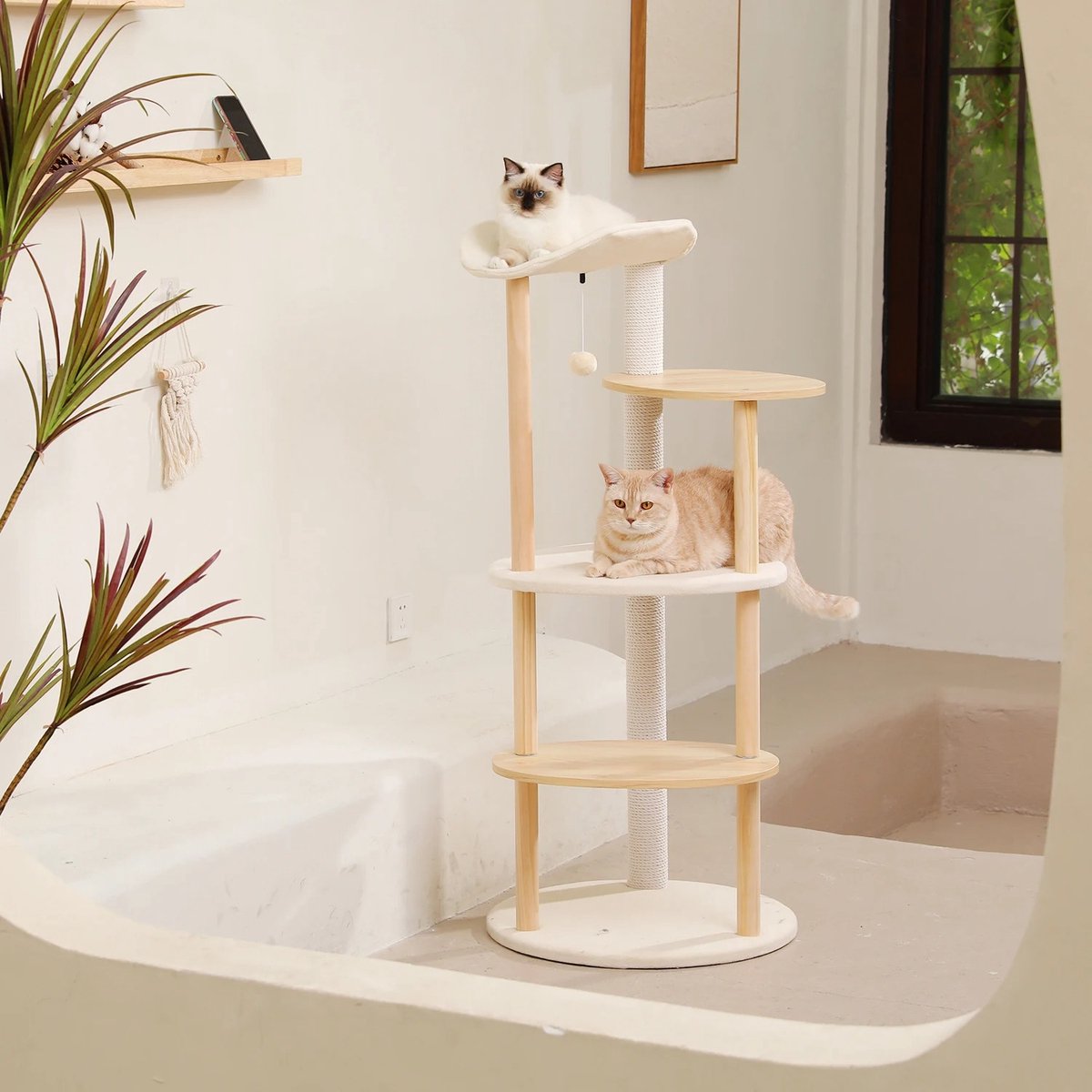 Luxueuze houten krabpaal 124,5 cm hoog - Krabpaal voor middelgrote en grote katten - Met natuurlijk sisaltouw - Met 4 ligplekken en holen - Comfortabel en stabiel - Hout
