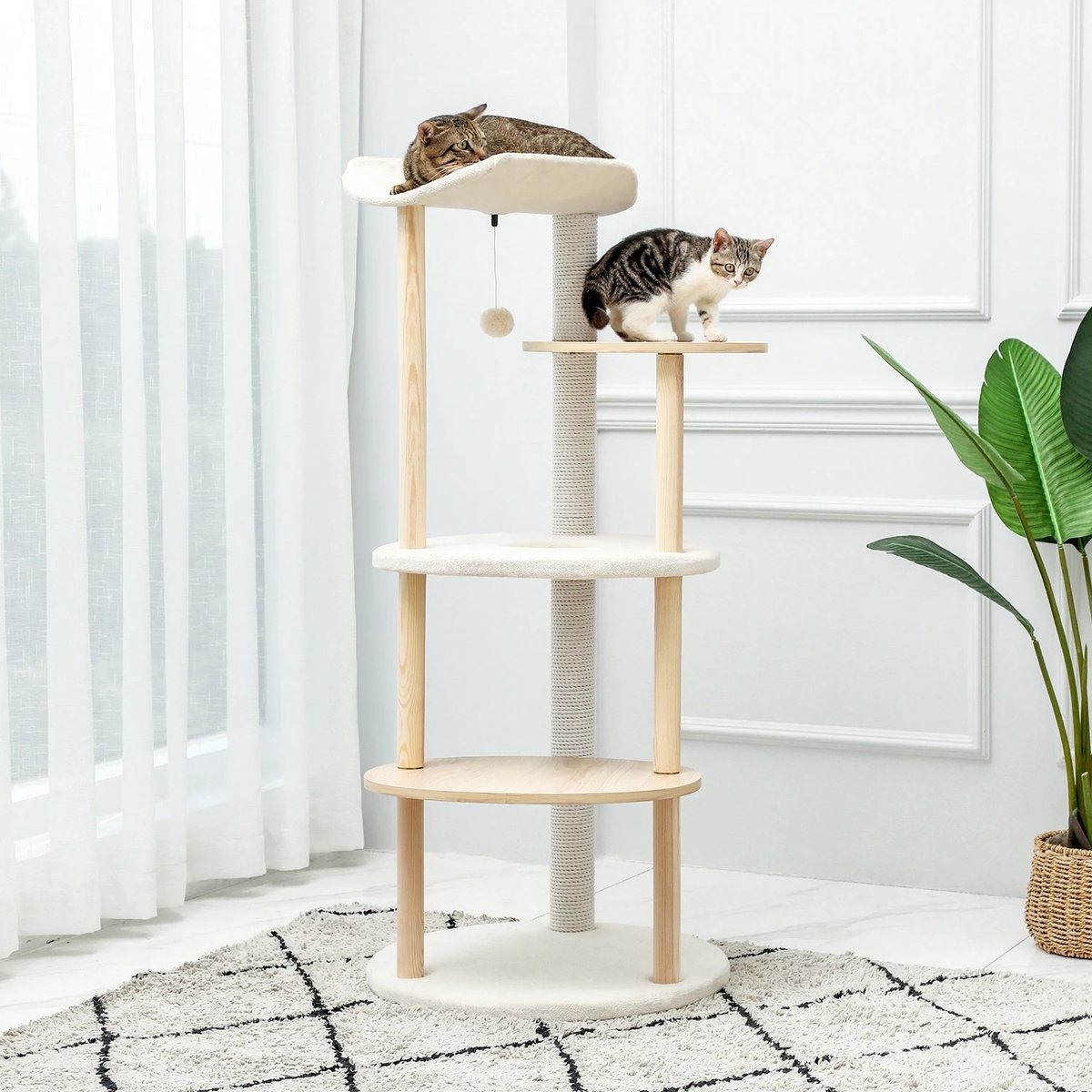 Luxueuze houten krabpaal 124,5 cm hoog - Krabpaal voor middelgrote en grote katten - Met natuurlijk sisaltouw - Met 4 ligplekken en holen - Comfortabel en stabiel - Hout