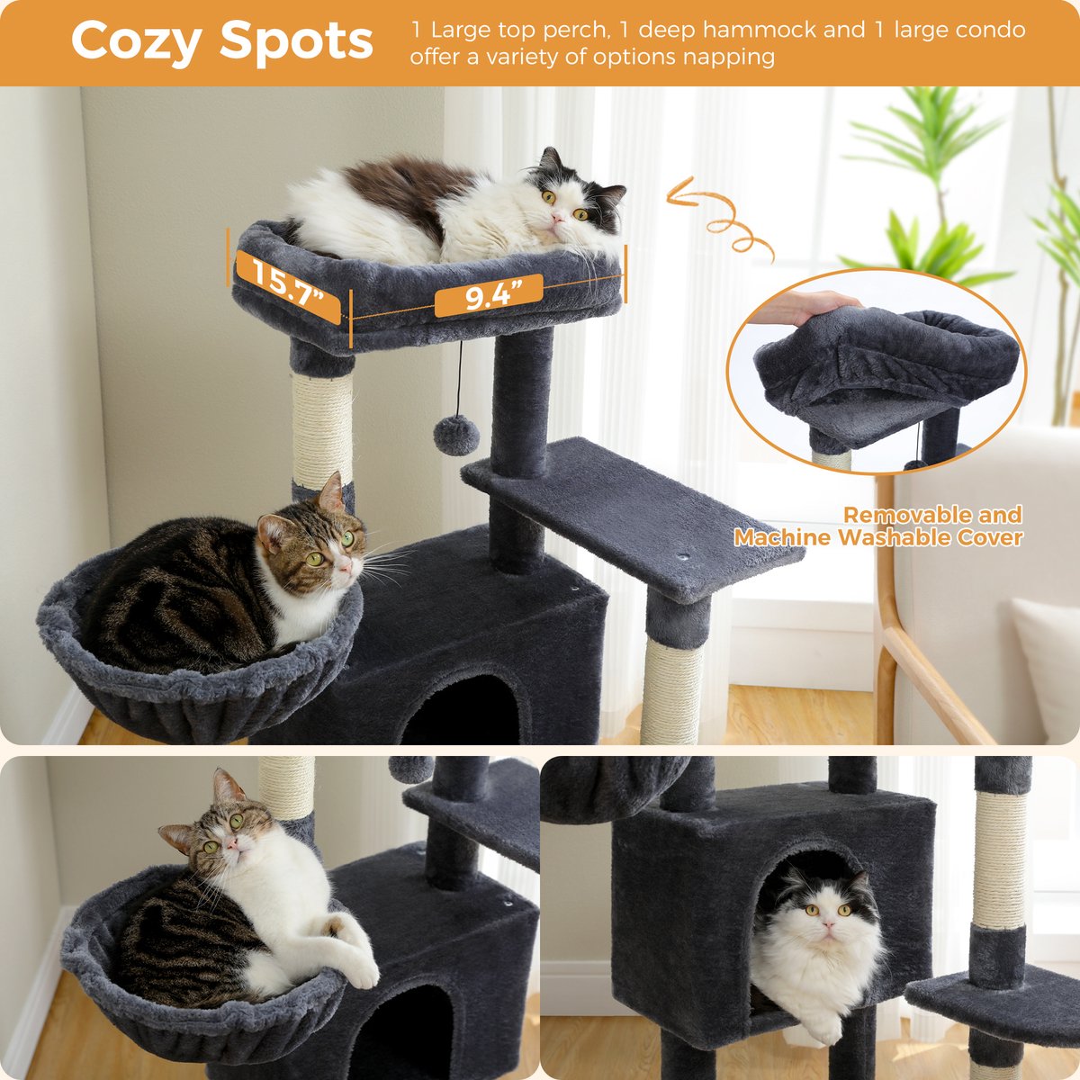 Nique Luxe Krabpaal - Kattenboom met hangmat - 5 ligplekken - 106cm hoog - Donkergrijs