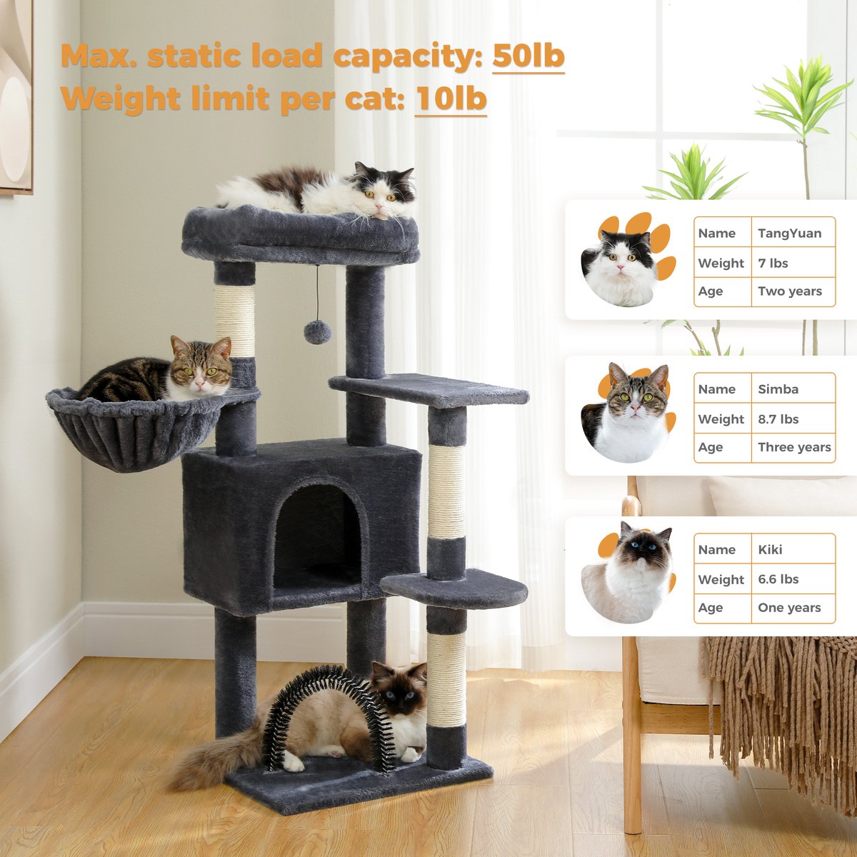 Nique Luxe Krabpaal - Kattenboom met hangmat - 5 ligplekken - 106cm hoog - Donkergrijs