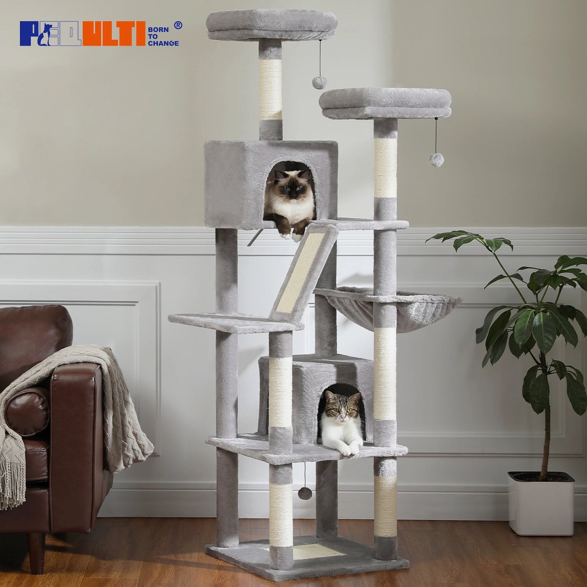Nique Krabpaal - Krabpaal voor grote en kleine katten - 180cm hoog – 6 verdiepingen - Pluche - Sisal Krabpaal - Zitstokken en Hangmat - Licht Grijs