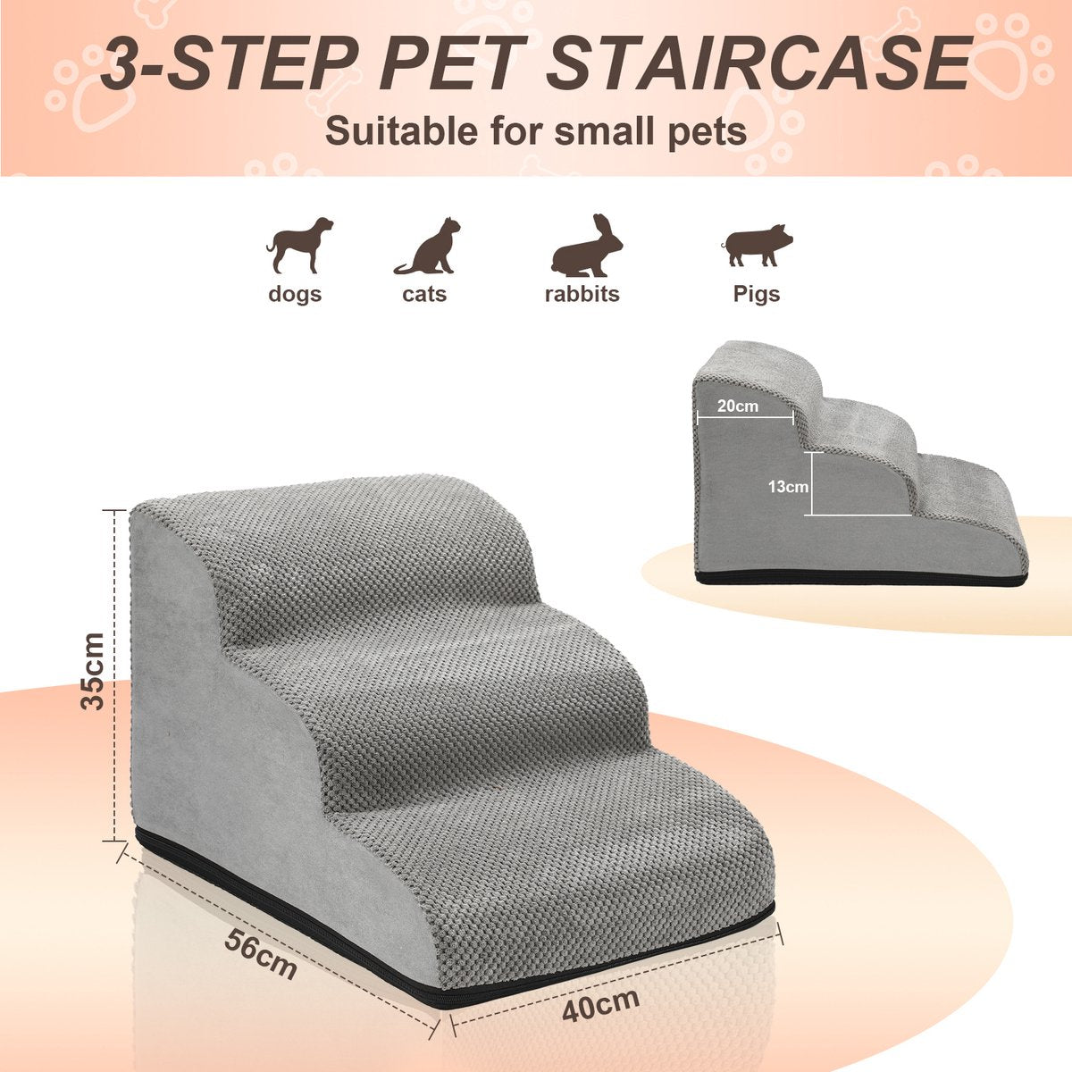 Dog Stairs - Dog Steps 3 Treads - Dog Step Stool for Dogs - Dog Ramp - Dog Step - Foam - Grey