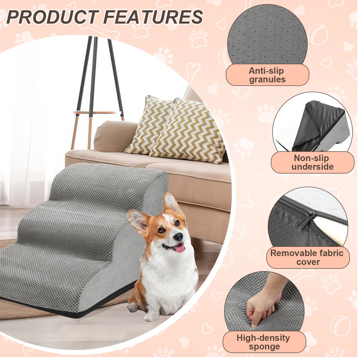 Dog Stairs - Dog Steps 3 Treads - Dog Step Stool for Dogs - Dog Ramp - Dog Step - Foam - Grey