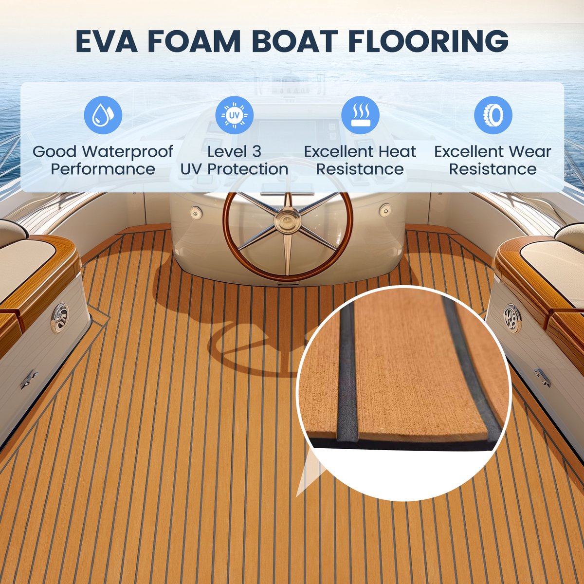 Self-Adhesive Decking Mat - EVA Teak Foam Boat Mat Yacht Flooring - Washable - 238x89x0.6cm - Brown