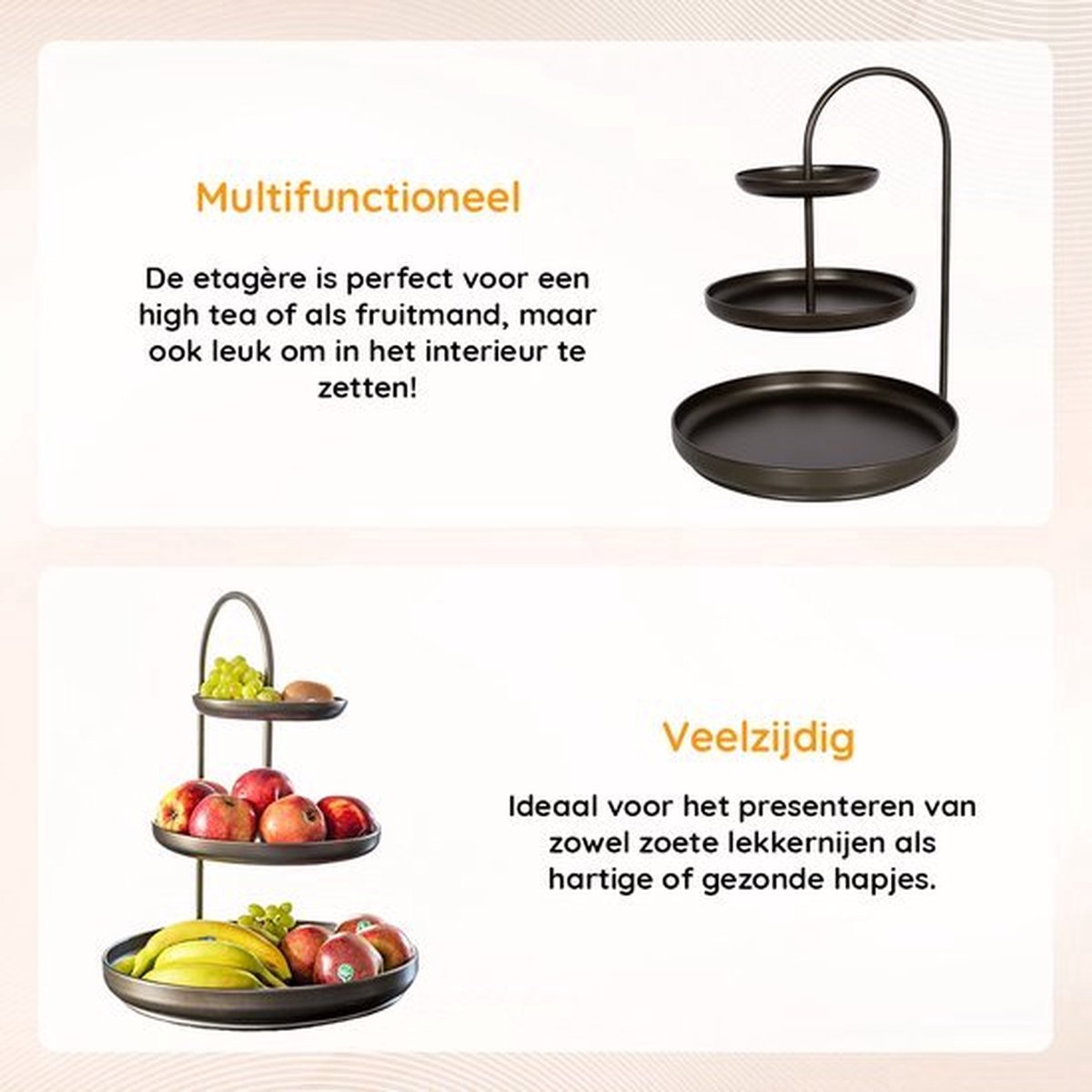 Etagère XL – 3 laags – 40 x 41 x 55 cm – Serveertoren – Serveerset – Fruitschaal – Zwart/koper – Metaal