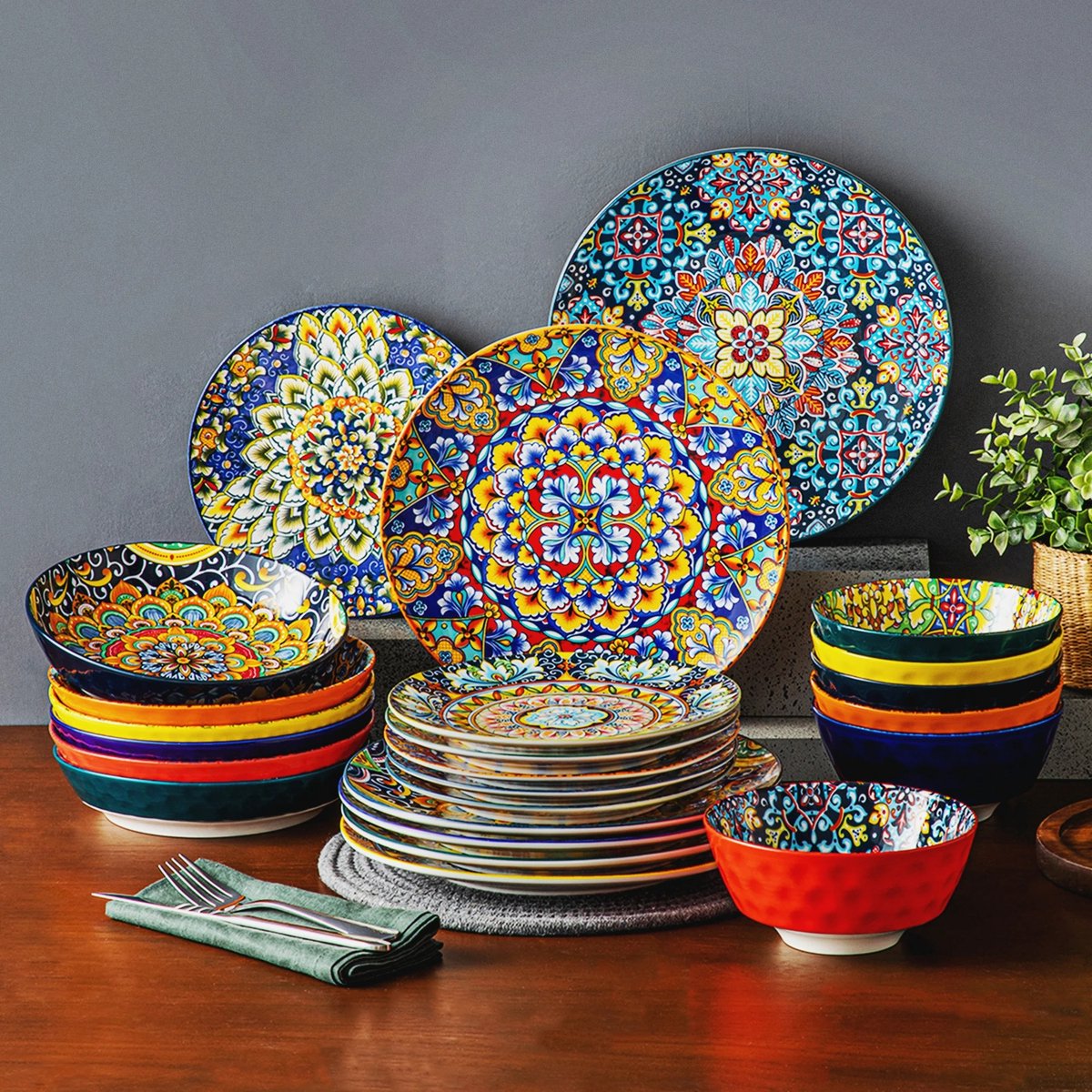 Serviesset - Servies voor 6 personen - Serviessets - Boheems Patroon - Porselein - 24-Delig Servies - Dinerbord - Dessertbord - Kom - Soepkom