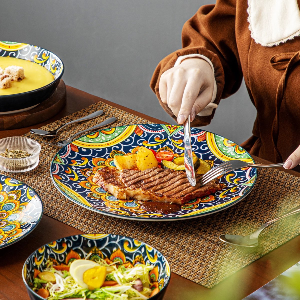 Serviesset - Servies voor 6 personen - Serviessets - Boheems Patroon - Porselein - 24-Delig Servies - Dinerbord - Dessertbord - Kom - Soepkom