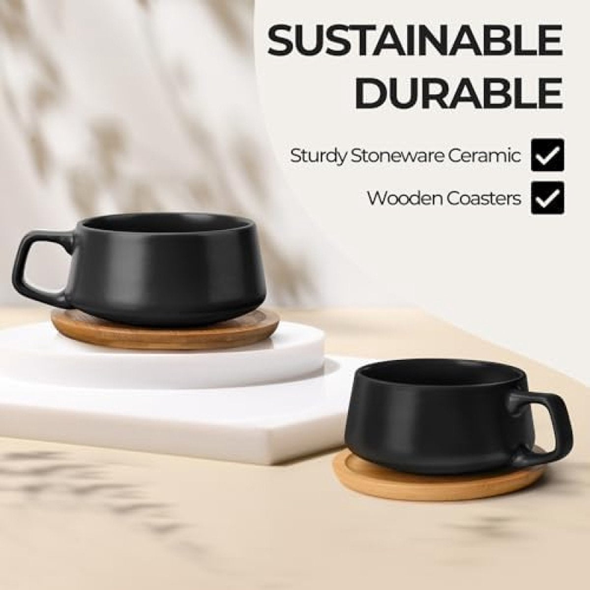 Set van 4 keramische theekopjes en schotels, 320 ml, bamboe/theemok, brede cappuccinokopjes, koffiekopjes, keramische mok voor cappuccino, latte, espresso en Americano - luxe collectie (zwart)