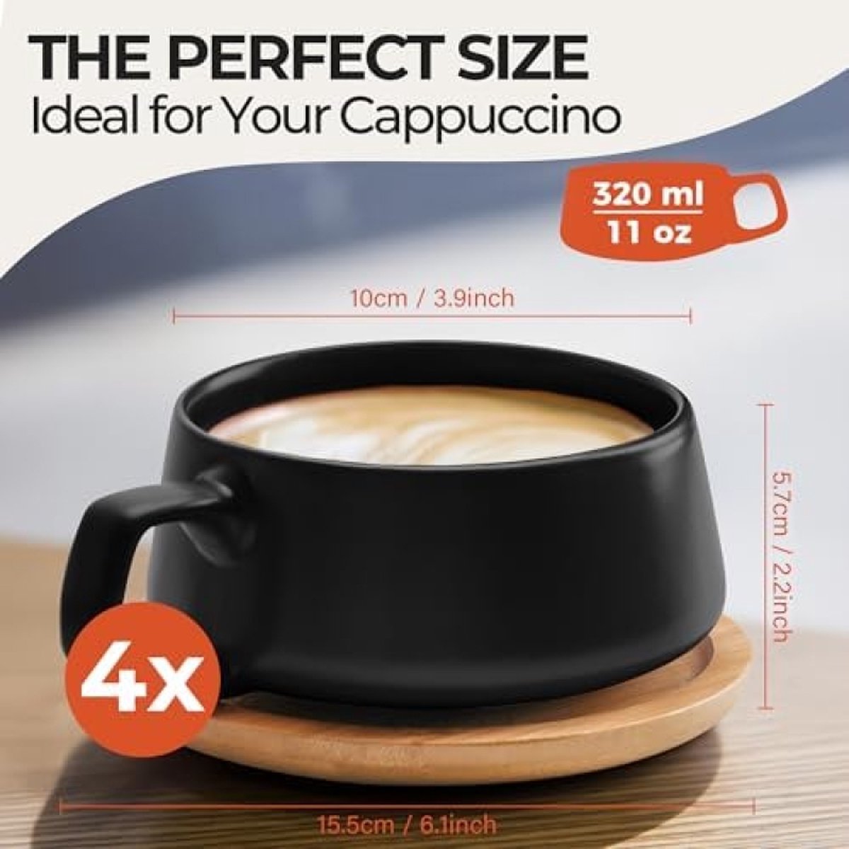 Set van 4 keramische theekopjes en schotels, 320 ml, bamboe/theemok, brede cappuccinokopjes, koffiekopjes, keramische mok voor cappuccino, latte, espresso en Americano - luxe collectie (zwart)