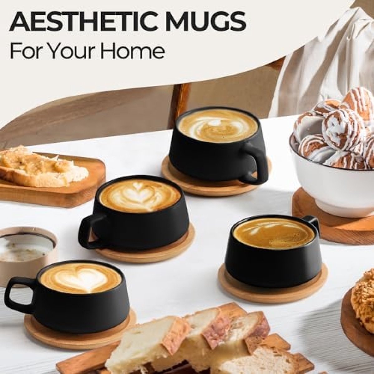 Set van 4 keramische theekopjes en schotels, 320 ml, bamboe/theemok, brede cappuccinokopjes, koffiekopjes, keramische mok voor cappuccino, latte, espresso en Americano - luxe collectie (zwart)