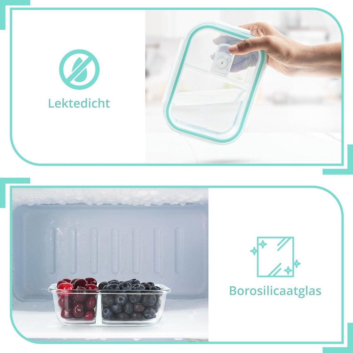 Glazen Maaltijd Prep Containers - 2 Vakken & Deksel - Food-Grade BPA-vrij - Lekvrij & Luchtdicht - Magnetron-, Vries- & Vaatwasmachinebestendig (5 Stuks)