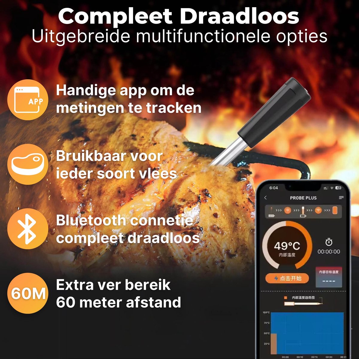 Meat thermometer - Digital BBQ Thermometer - Bluetooth - Barbecue Thermometer with App - BBQ Accessories - Kitchen Thermometer