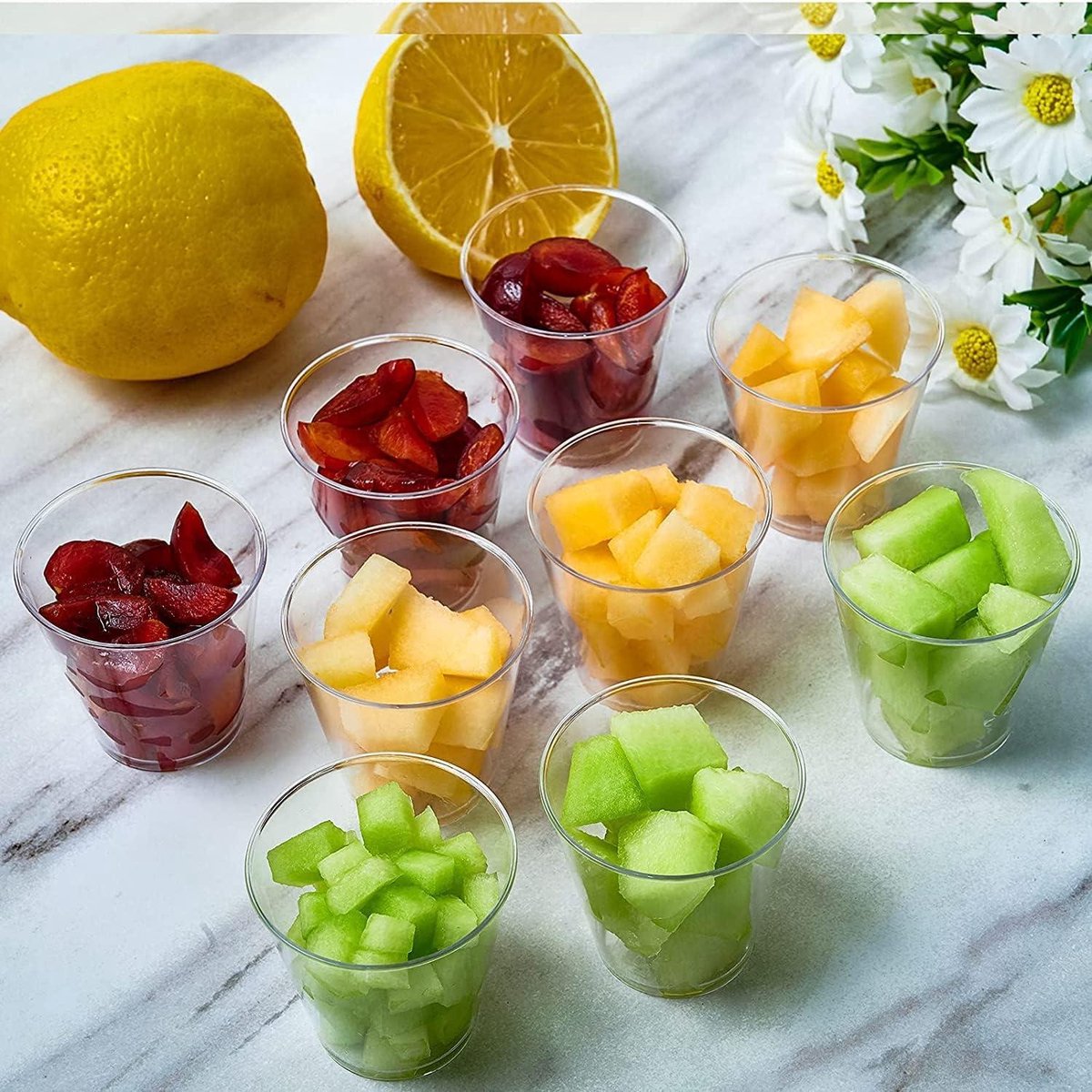 Plastic Borrelglazen 30 ml - 300 Stuks Transparante Dessertbekers - Ronde Parfait Voorgerechtskop Herbruikbaar - Whiskypudding Mousse Whisky Jello Party - Serveerschaal Bekers (43 x 4 cm) plastic wegwerp shotglaasjes