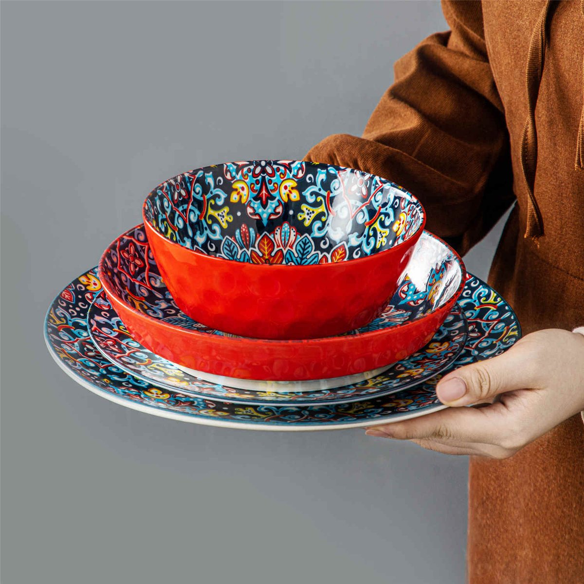Dinner set - Dinner sets - Dinner set for 12 people - Bohemian Pattern - Porcelain - 48-Piece Dinnerware - Dinner plate - Dessert plate - Bowl - Soup bowl